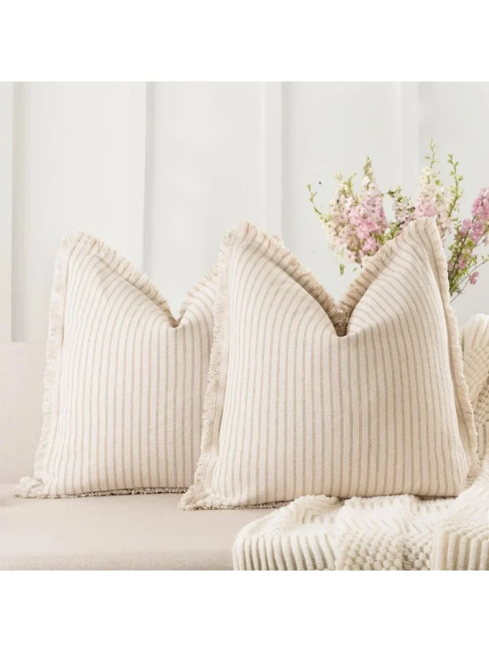 Chic Striped Throw Pillow Covers 24x24 Set of 2 with Fringe for Sofa & Bed Decor